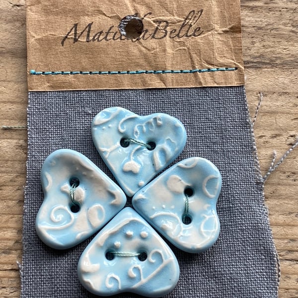 Handmade Ceramic Set of 4 Blue Heart Buttons 