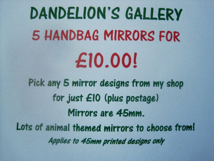 Handbag Mirror x5 mix and match animal designs cat dog rabbit guinea pig etc