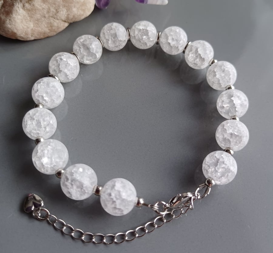 Crackle Crystal Quartz Beaded Gemstone Bracelet, Handmade Jewellery