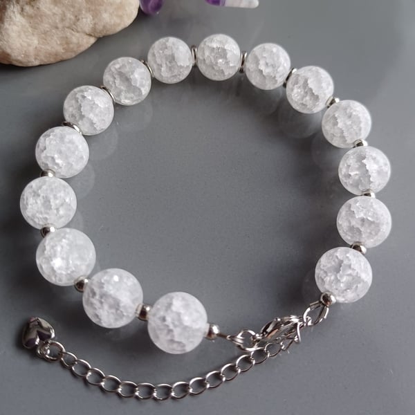 Crackle Crystal Quartz Beaded Gemstone Bracelet, Handmade Jewellery