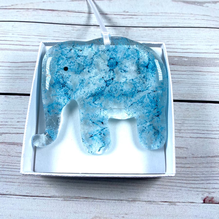 Fused glass hanging blue bubbles elephant 