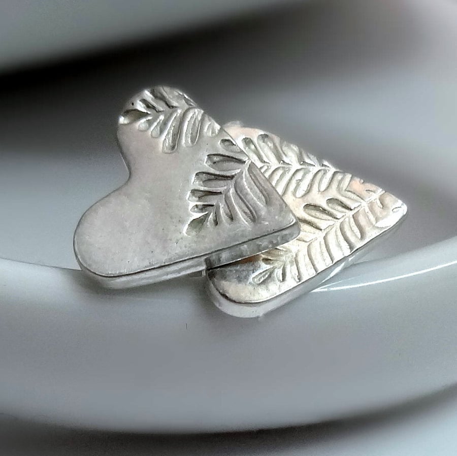 Silver Heart Earrings with Leaf Print Detail