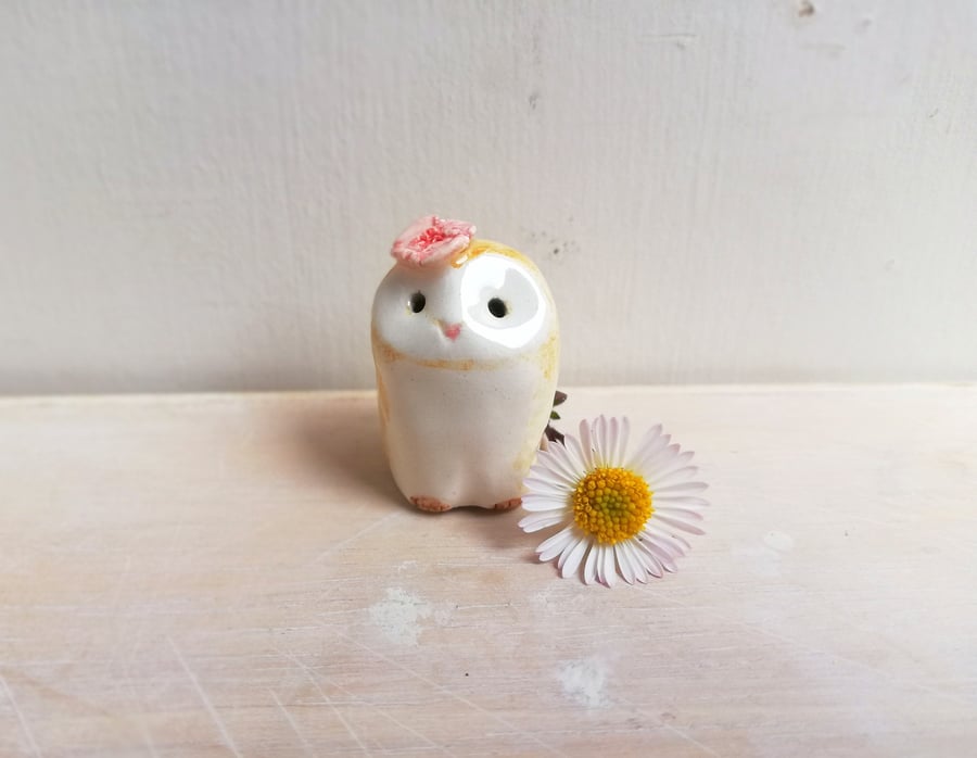 ceramic owl figurine handmade pottery barn owl ONLY pink flower LEFT , gift idea