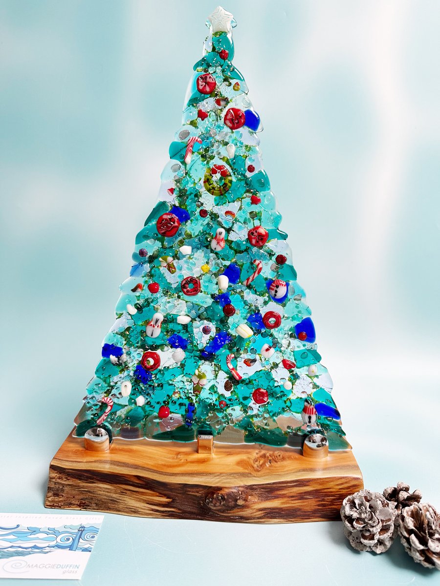 Large Textured Fused Glass Christmas Tree - Blues