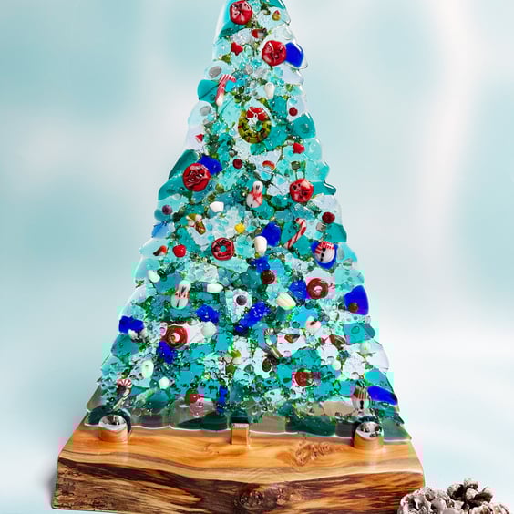 Large Textured Fused Glass Christmas Tree - Blues