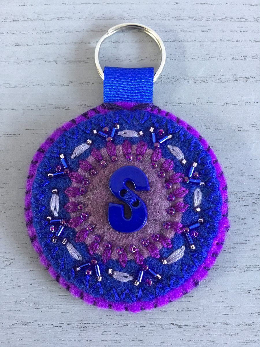 Hand Embroidered Letter Keyring or Bag Charm 