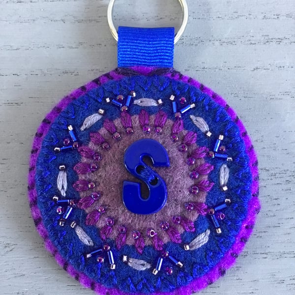 Hand Embroidered Letter Keyring or Bag Charm 