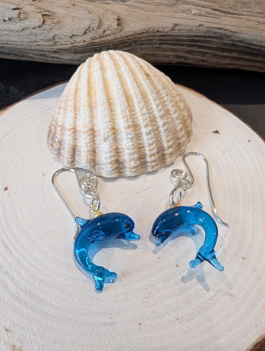 Blue handmade Murano Glass Dolphin Earrings on Sterling Silver Earwires ...