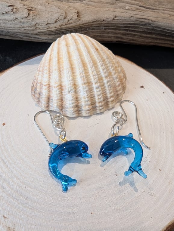 Blue handmade Murano Glass Dolphin Earrings on Sterling Silver Earwires 