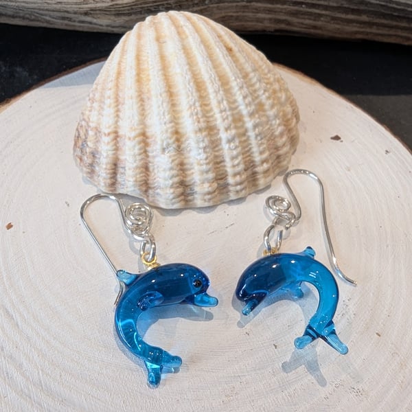 Blue handmade Murano Glass Dolphin Earrings on Sterling Silver Earwires 
