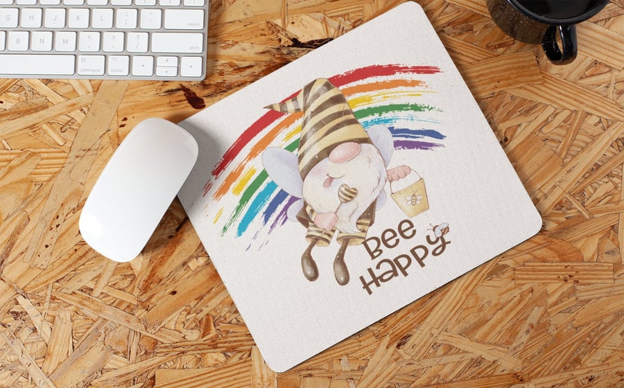 Bee Happy Rainbow Gnome Non Slip Mouse Mat Mouse Pad