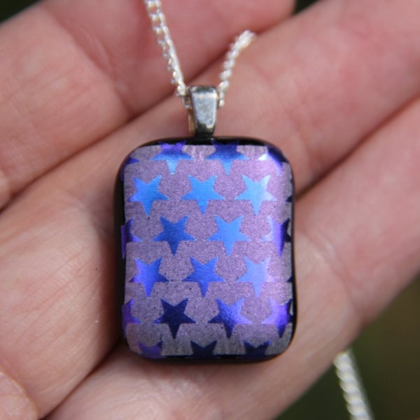 Purple Stars Dichroic Pendant Necklace: Shimmer Fused Glass Mica F2