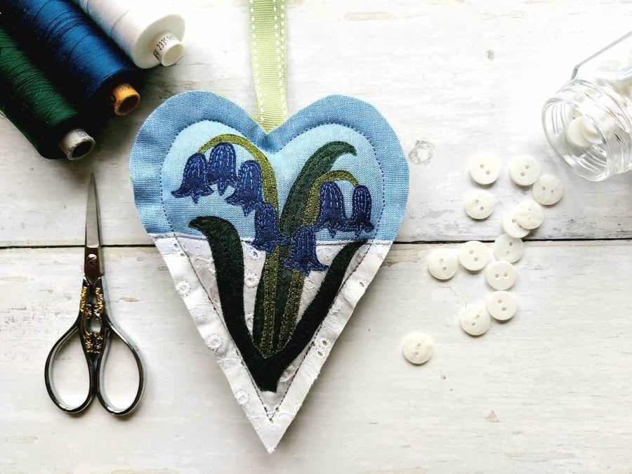 Bluebell Decorative freemotion Sewn Applique Padded Hanging Heart