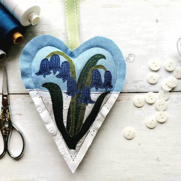 Bluebell Decorative freemotion Sewn Applique Padded Hanging Heart