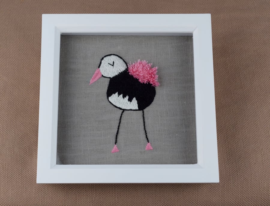 Happy, funky hand embroidered bird picture.