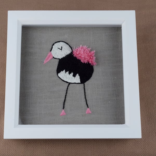 Happy, funky hand embroidered bird picture.