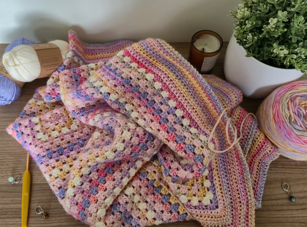 Crochet Granny Square Blanket in Pink, Purple, Cream and Yellow
