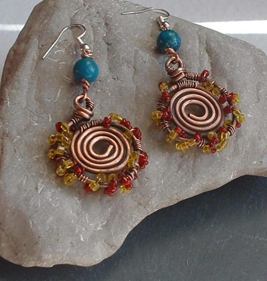 "Sunburst" Rustic Copper Earrings with glass seed beads