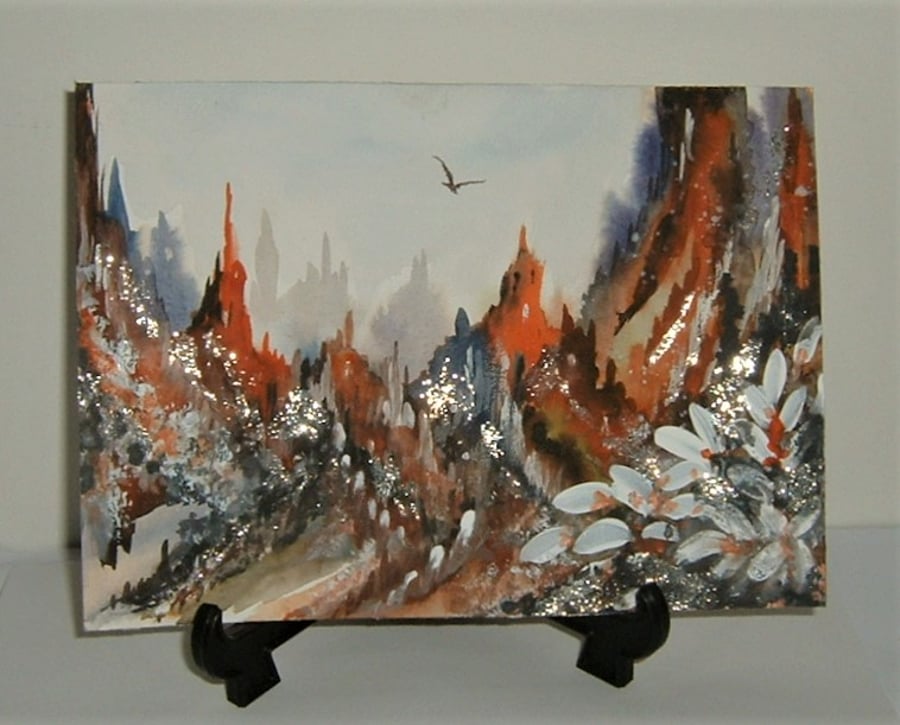 POST FREE fantasy valley of castles watercolour landscape painting ( ref F 938 )