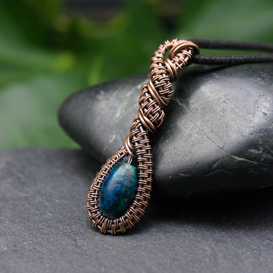 Copper Twist pendant with Chrysocolla - Wire Wrapped Long Pendant