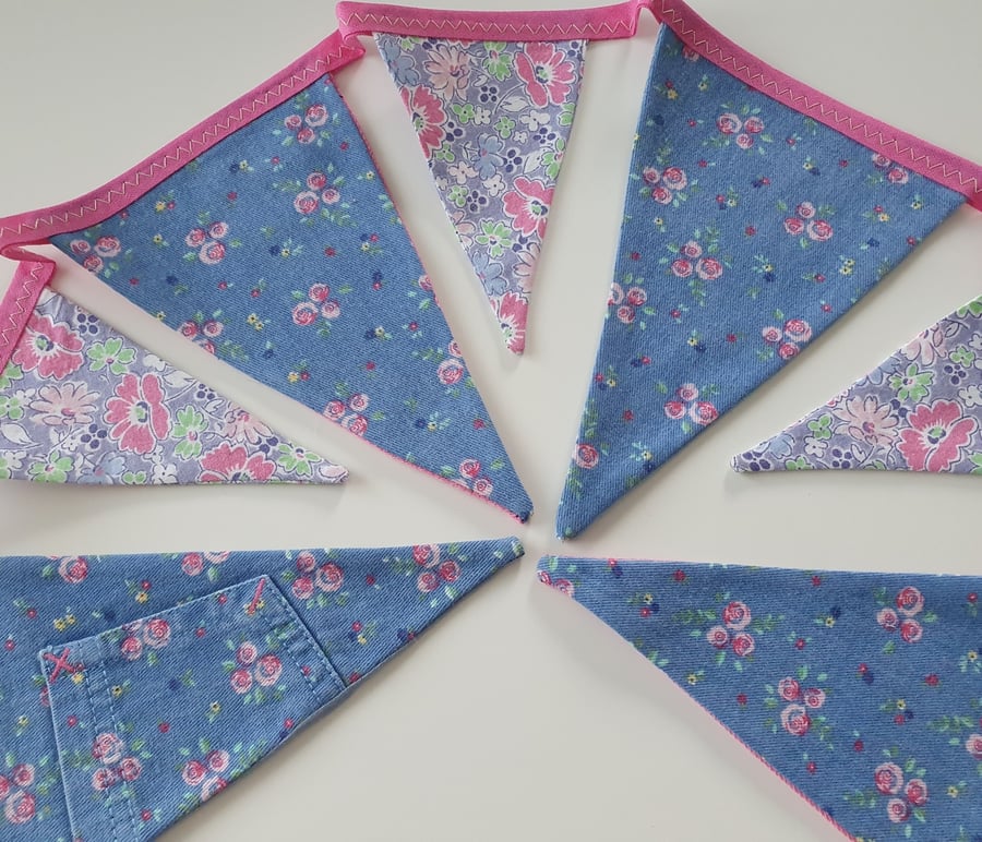 Pretty Blue Floral Demin Bunting on Hot Pink Binding with Pocket Detail