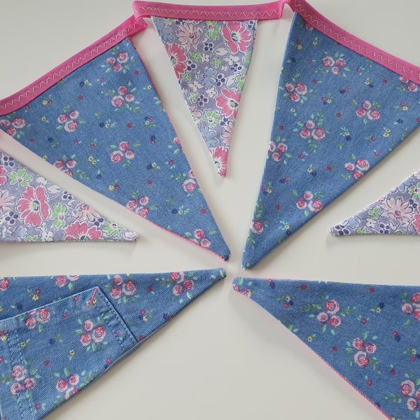 Pretty Blue Floral Demin Bunting on Hot Pink Binding with Pocket Detail