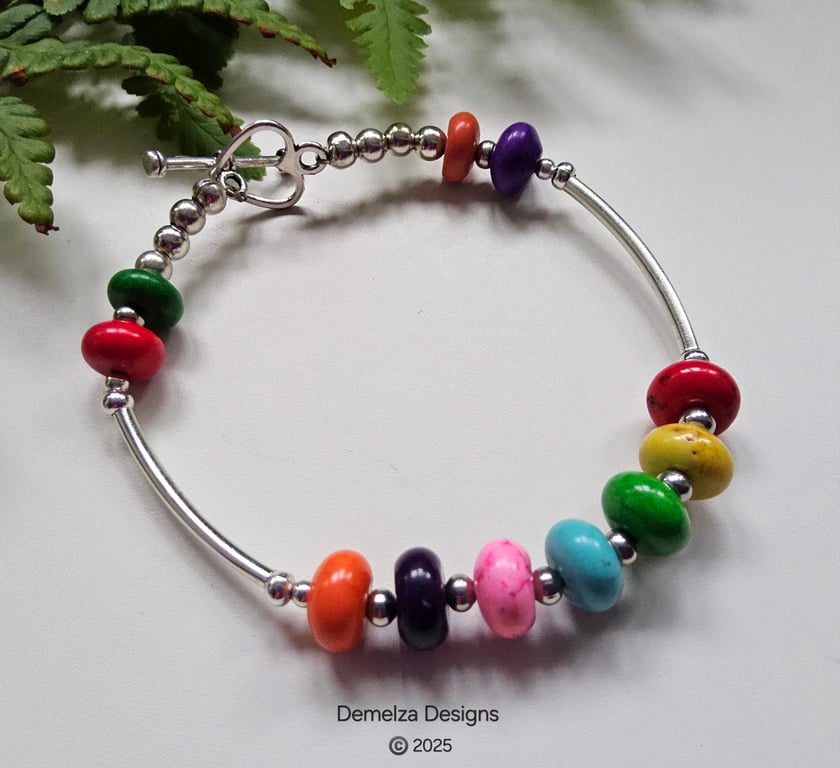 Multicoloured Howlite Bangle Bracelet Silver Plated (SMALL)