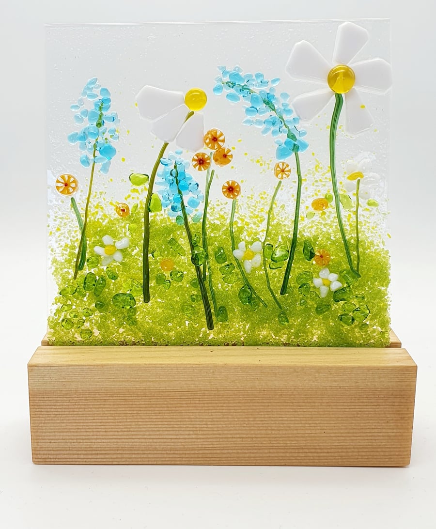 Fused Glass Meadow Scene on a Wooden Stand
