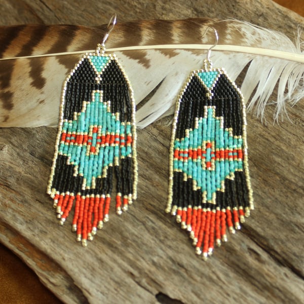 Native American Style Midnight Lake Geometric Miyuki Delica Seed Beaded Earrings