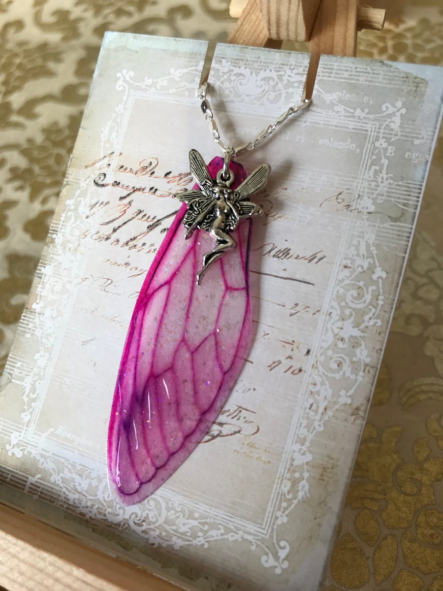 Bright Pink Fairy Wing Sterling Silver Necklace