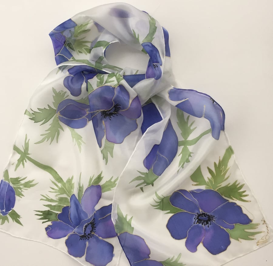 Blue Anemone hand painted silk scarf
