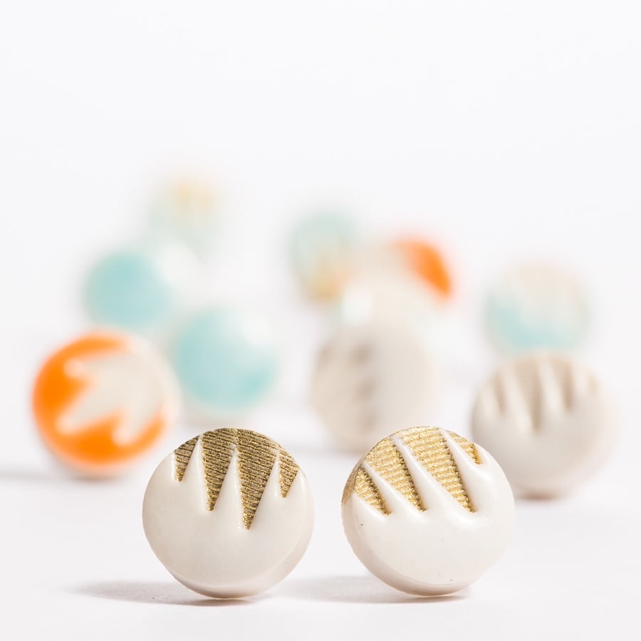 Porcelain Patterned White & Gold Stud Earrings 