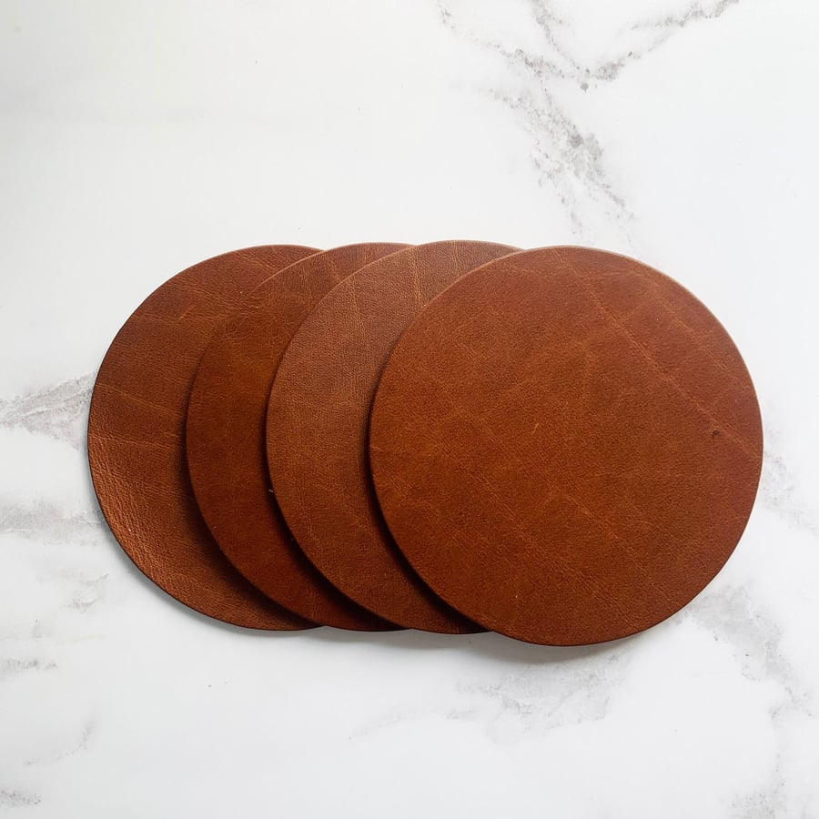 Blank Dark Tan Leather Circle Coasters, Handmade Real Leather Coaster Set, Anniv