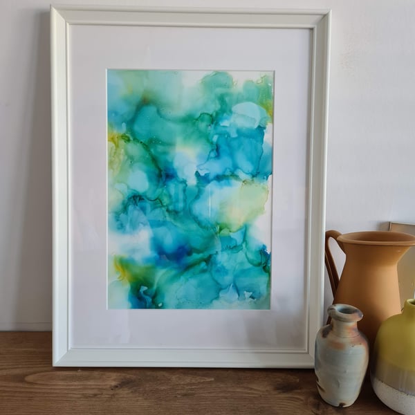 Original abstract blue green yellow alcohol ink art A4 painting home decor