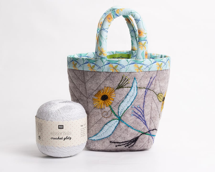 Grey bijou project bag with marigold embroidery