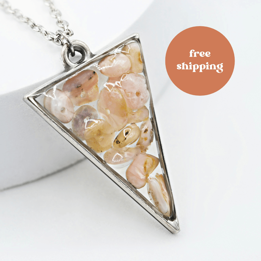 Pink Peruvian Opal Silver plated Worry Stone Necklace - Free Postage