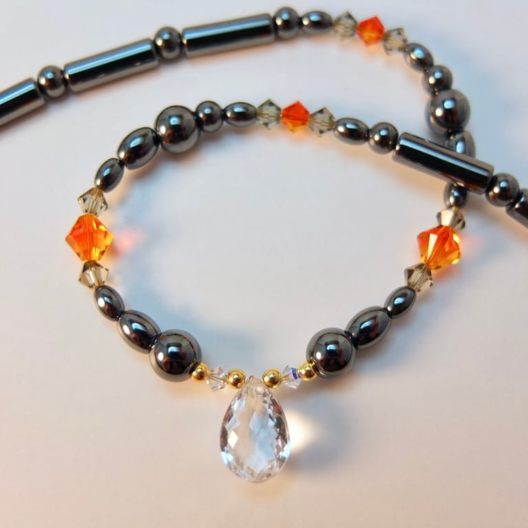 Faceted Quartz Pear, Hematite And Swarovski Crystal Necklace - Handmade In Devon
