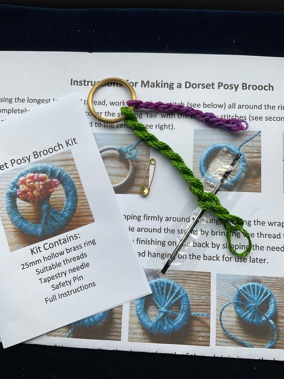 Dorset Posy Brooch Kit, Green Stems with Purple Flowers, 14
