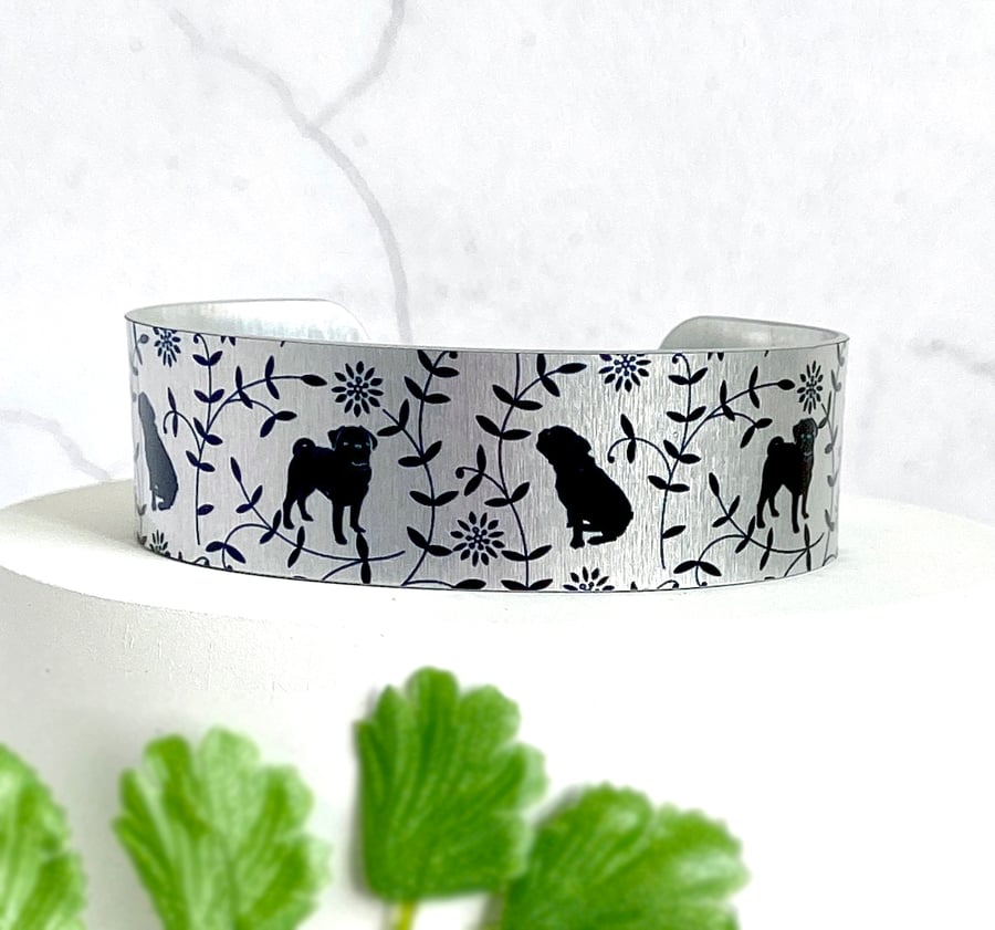 Pug cuff bracelet, handmade jewellery bangle with pugs. B546