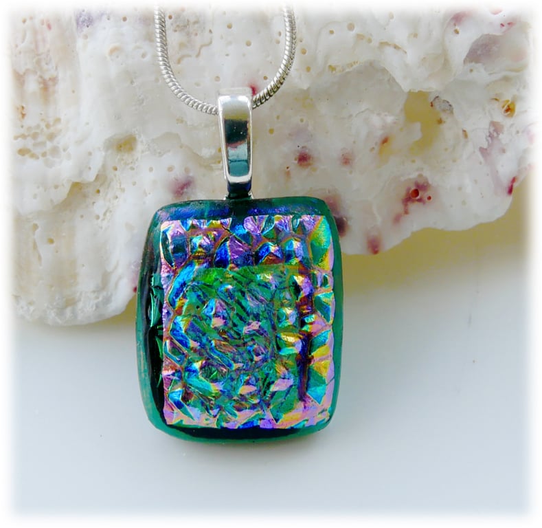Dichroic Glass Pendant 268 Emerald Sparkle Compact silver plated chain