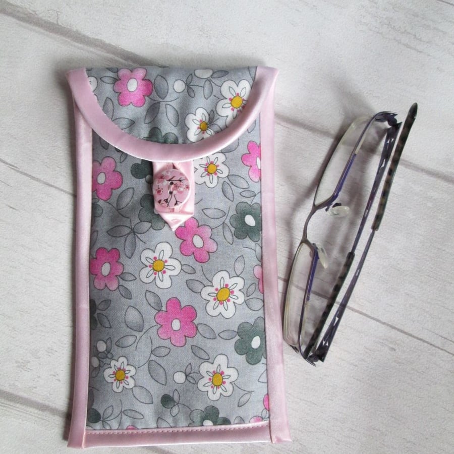 Grey & Pink Floral Glasses Case or Phone Case, Storage Pouch