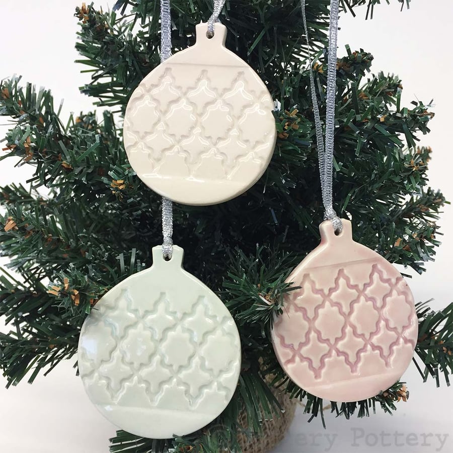 Pastel Christmas Baubles set of three pottery Bauble decorations 
