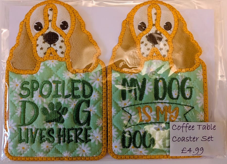 Pair of Coffee Table Doggie Coasters Handmade Embroidered Applique and Quilted 