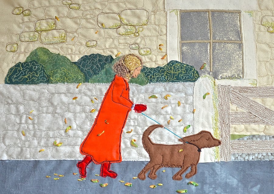 A Blustery Walk autumn textile applique artwork ribbon embroidery & Toby the dog