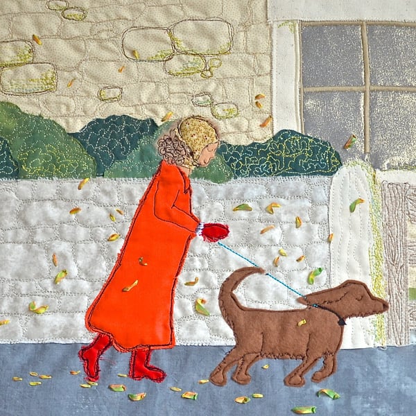 A Blustery Walk autumn textile applique artwork ribbon embroidery & Toby the dog