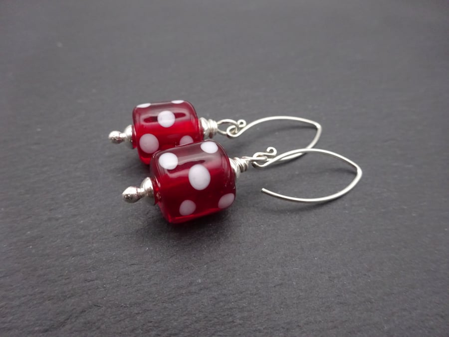 red and white spot lampwork glass earrings