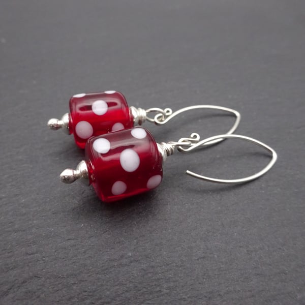 red and white spot lampwork glass earrings