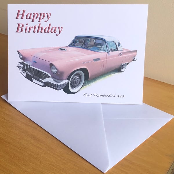 Ford Thunderbird 1957 (Pink) - Birthday, Anniversary, Retirement or Plain Card