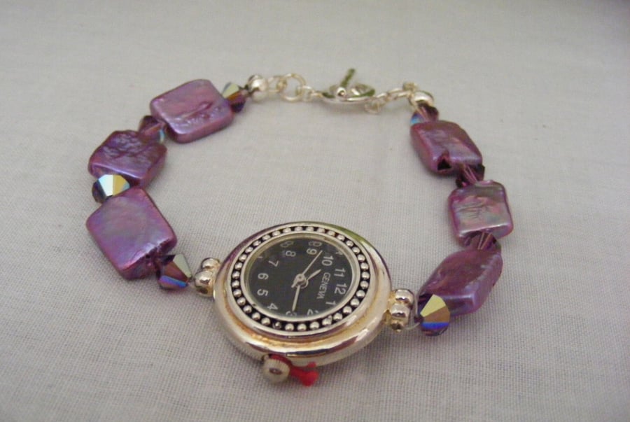 Purple Freshwater Pearl and Crystal Watch