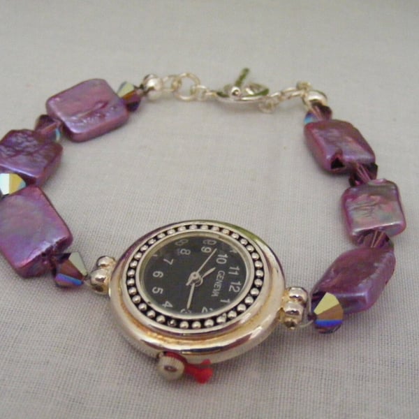 Purple Freshwater Pearl and Crystal Watch
